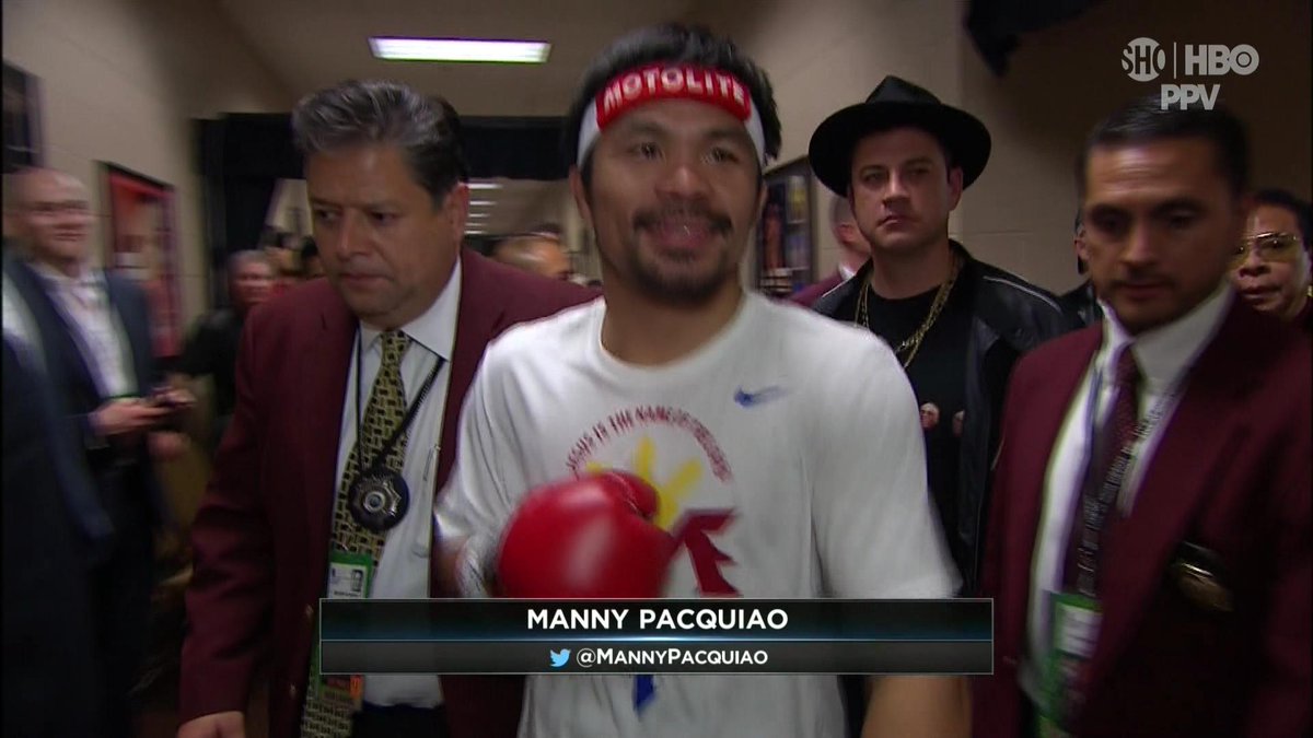 CBSSports's tweet photo. Jimmy Kimmel apparently has joined Manny Pacquiao's entourage AND Run DMC. http://t.co/byS7MFaCl3