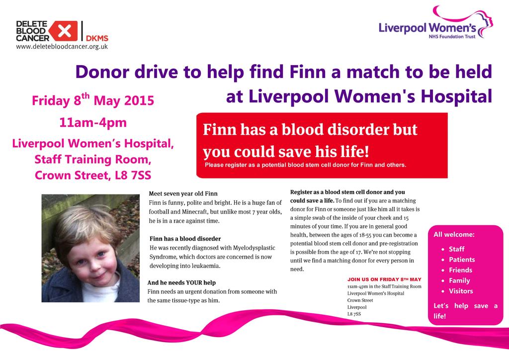 LiverpoolWomens's tweet photo. Help Finn McEwen find a match at our #donordrive Fri 8th May 11am-4pm http://t.co/H88XODLbc3 #FindFinnAMatch http://t.co/gvqHV8IYHn