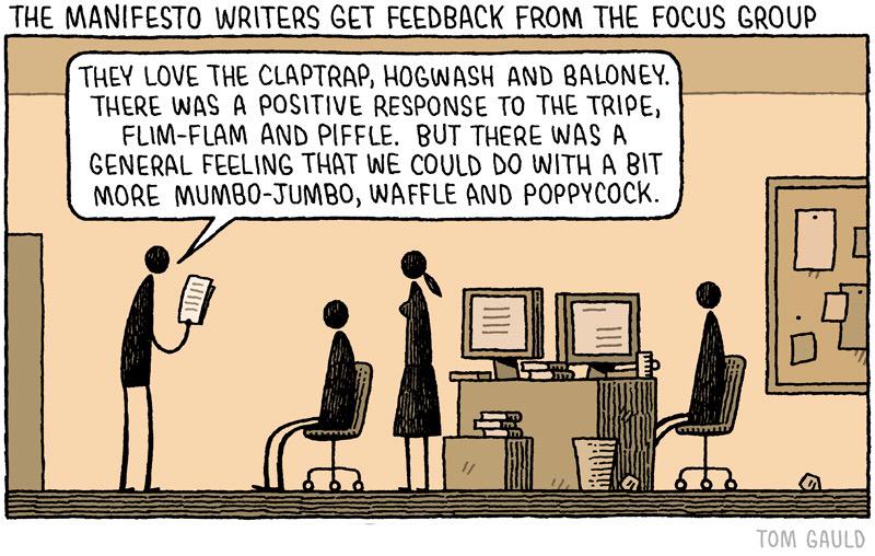 'The manifesto writers get feedback from the focus group' (my cartoon for this week's @guardianreview ) -