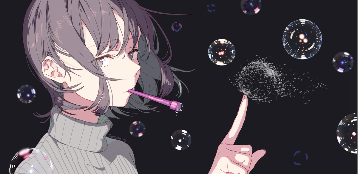 「シャボン玉の絵のビフォーアフター
←ラフ 完成→ 」|ソノムラのイラスト