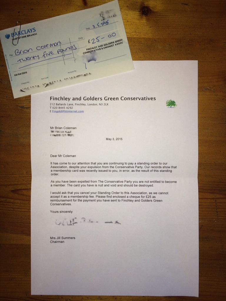 Finchleytories's tweet photo. The letter in full to @BrianColeman251 and his membership. http://t.co/cnDustFNLF