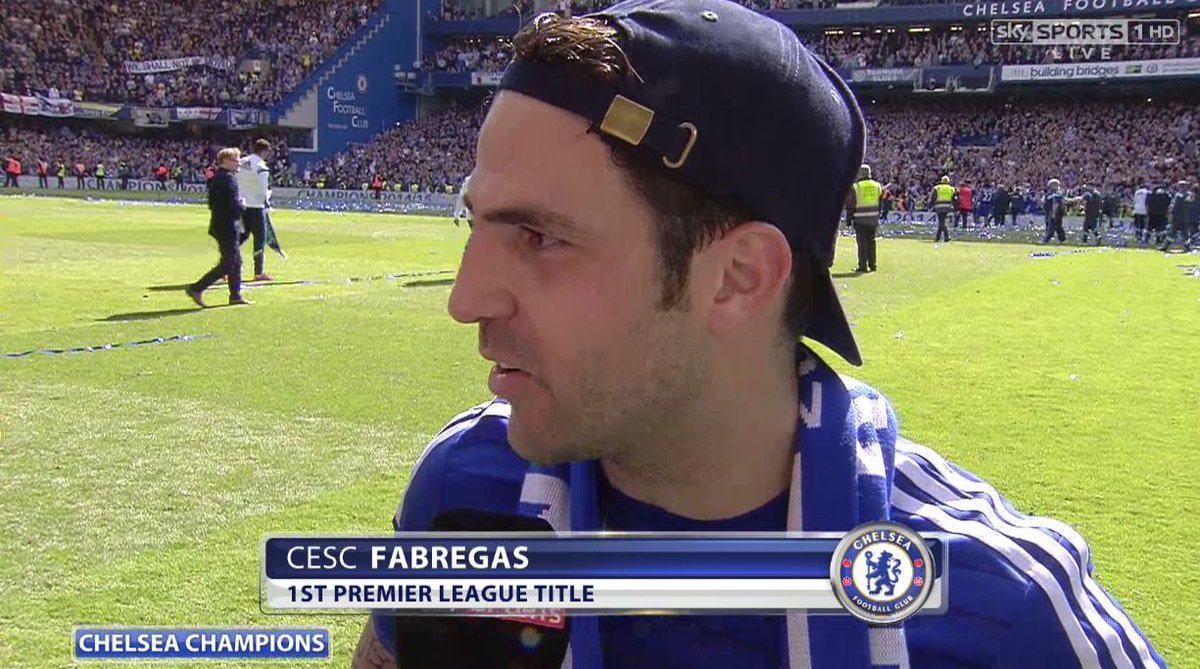 SkySportsPL's tweet photo. Cesc Fabregas has won his first Premier League title: "It's a top team, we're going to party! Champions! #SuperSunday http://t.co/r7Z4Er6F9Z