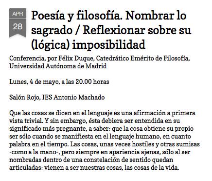 iesmachado's tweet photo. 'Poesía y Filosofía. Nombrar lo sagrado' #Conferencia Mañana 20:00, con Félix Duque y @FilosofiaSoria #SalónRojo http://t.co/eCIuXYoKqk