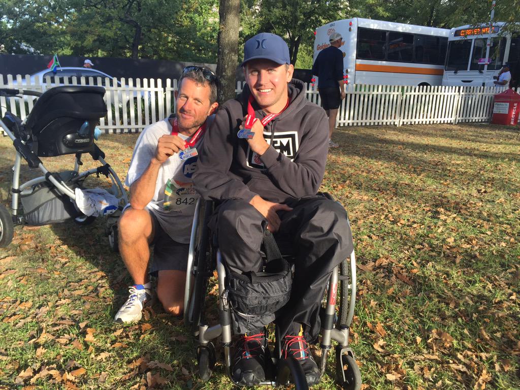 AdaptiveSfund's tweet photo. We got caught at 20kms. My team mate is a machine! #WorldRun thanks @RedBullZA @WFLWorldRun @nicolenemostert http://t.co/aDBVM3qUtG