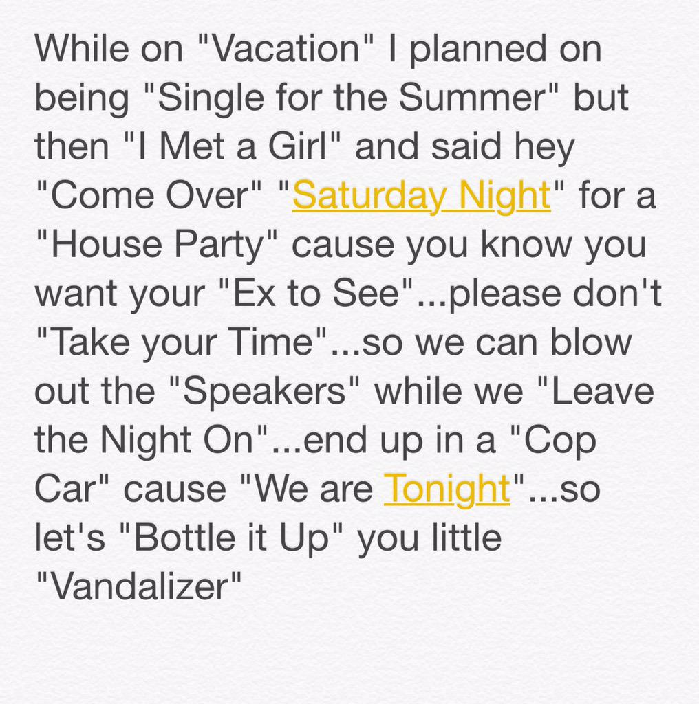Was bored and decided to write a Sam Hunt song poem! 🎤🎸🎶 <a href="/SamHuntMusic/">Sam Hunt</a> <a href="/TyroneCarreker/">Tyrone Carreker</a> <a href="/JoshuaSalesss/">Joshua Sales</a> <a href="/joshyb09/">Joshua Burkett</a>