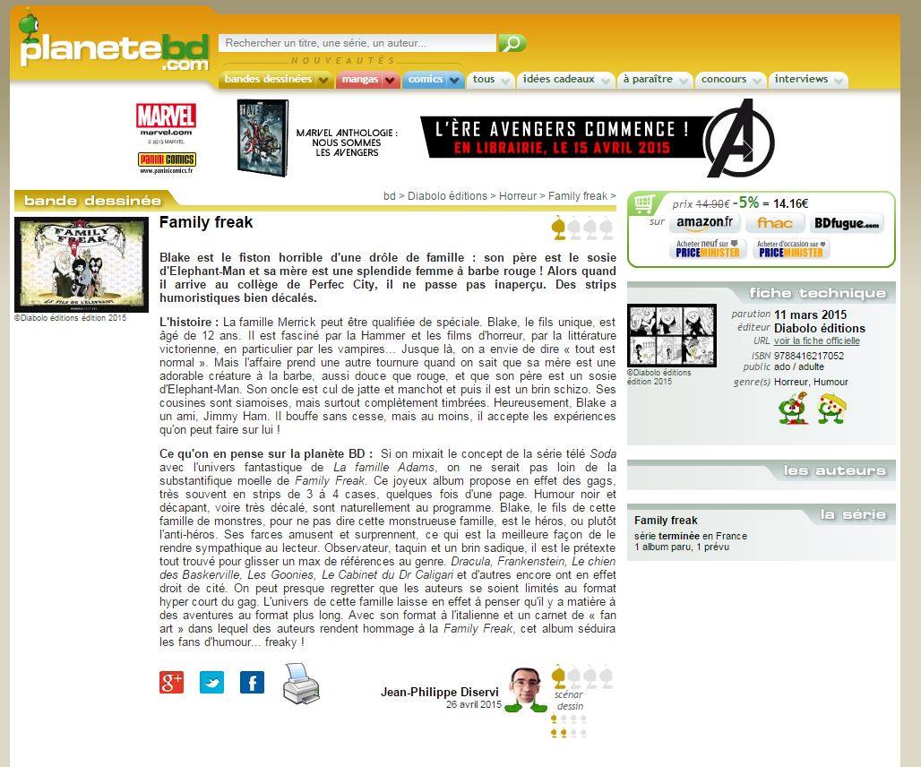 DIABOLOEDITIONS's tweet photo. Une bonne critique de "Family Freak" sur le site planète BD!!!  http://t.co/8h013w5xHA http://t.co/VX8yTM7Omm