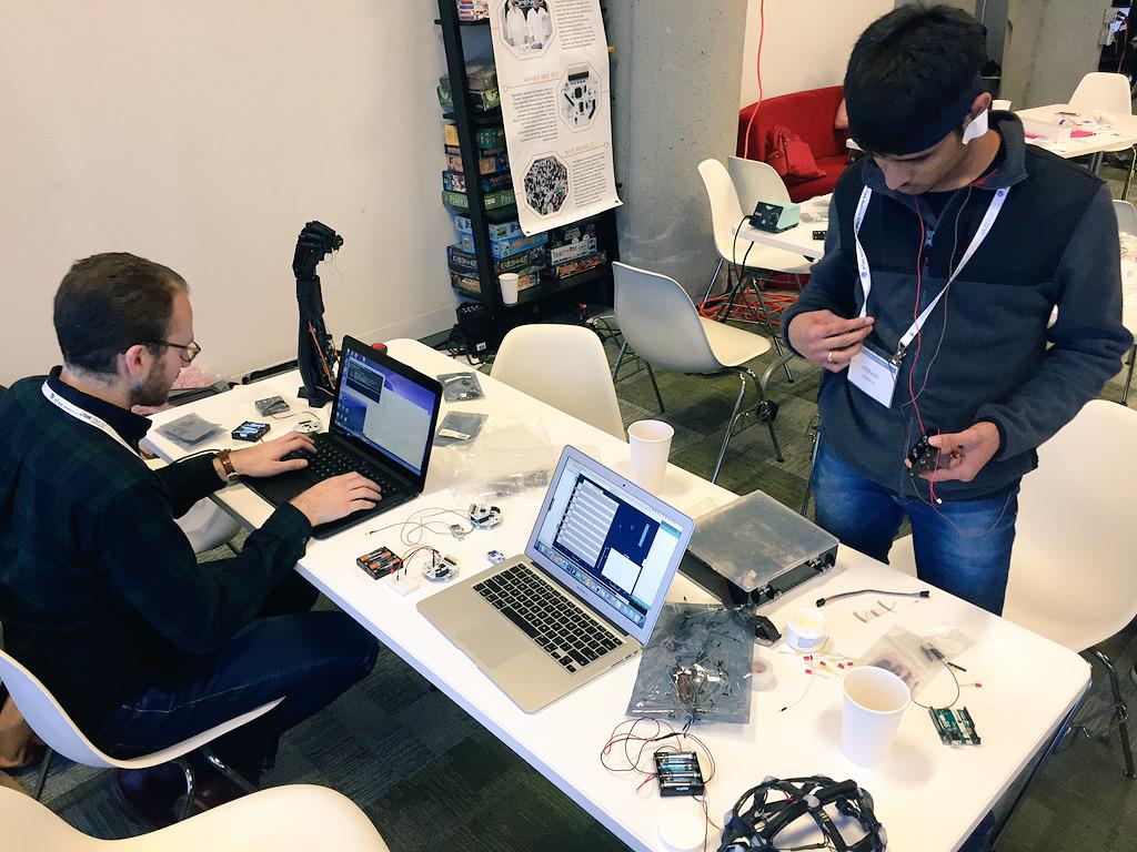 OpenBCI's tweet photo. Shots from day 1 of @Brainihack #NGhack15. Getting prepped for day 2! #SSVEP #BrainWaves #RobotHands http://t.co/rqDUKFPuWT