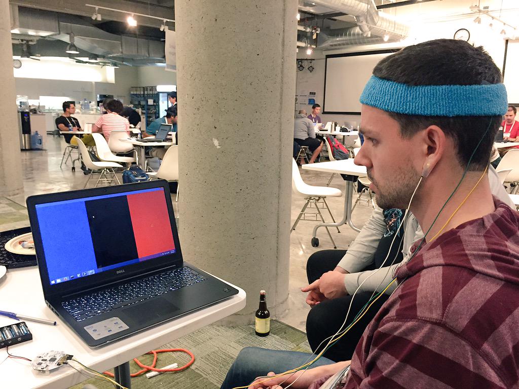 OpenBCI's tweet photo. Shots from day 1 of @Brainihack #NGhack15. Getting prepped for day 2! #SSVEP #BrainWaves #RobotHands http://t.co/rqDUKFPuWT
