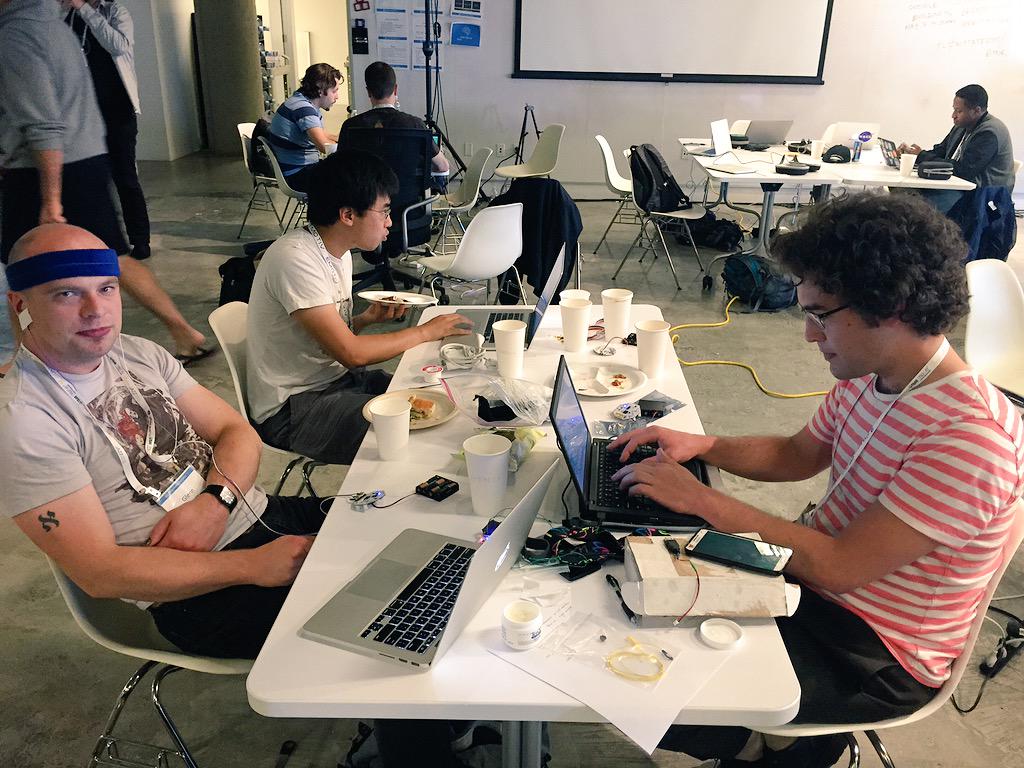 OpenBCI's tweet photo. Shots from day 1 of @Brainihack #NGhack15. Getting prepped for day 2! #SSVEP #BrainWaves #RobotHands http://t.co/rqDUKFPuWT