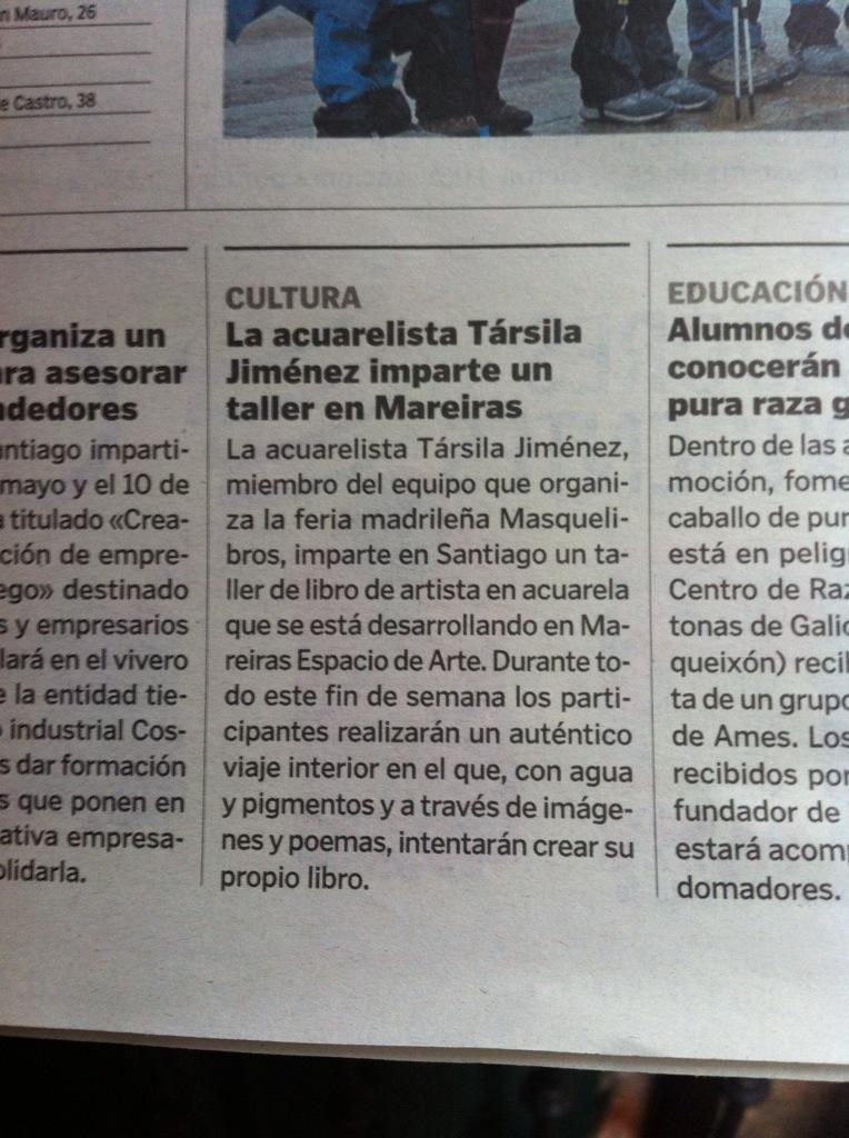 MareiraSpacio's tweet photo. El taller de #librodeartista en #acuarela de este finde en la prensa de hoy #arte #compostela http://t.co/lnj1N2DTox