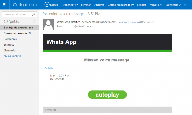 guardiacivil's tweet photo. ¿Recibiste un mail como este avisando de un mensaje de voz de #whatsapp?
#NoAbras
Es #Malware
http://t.co/0QUjMCwD8F http://t.co/JhQVpb0aoC
