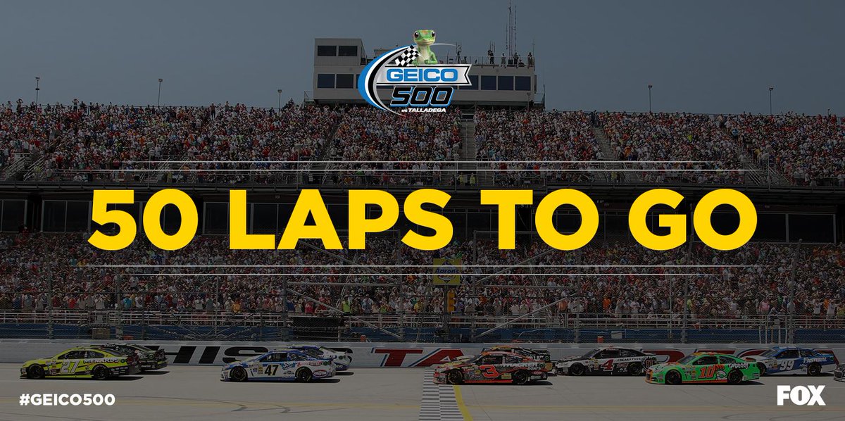 NASCAR's tweet photo. Race reset with 50 to go:

Leader: Dale Jr.
📺: FOX
💻: http://t.co/U03MzFXuuv   
📻:  MRN, SiriusXM 
#GEICO500 http://t.co/TZy6NTIOnC