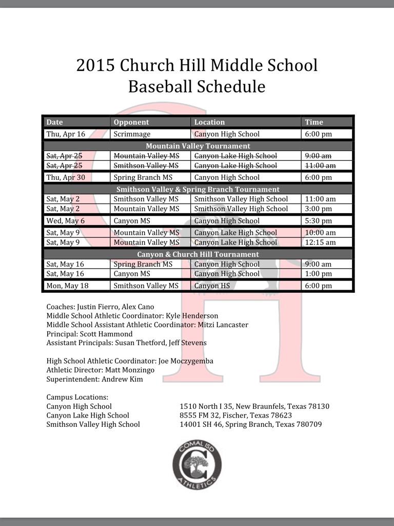 CHMSPanthers's tweet photo. BASEBALL: Schedule Changes (CMS May 6th, MVMS May 9th, SVMS May 18th) http://t.co/5EJFcG78KD