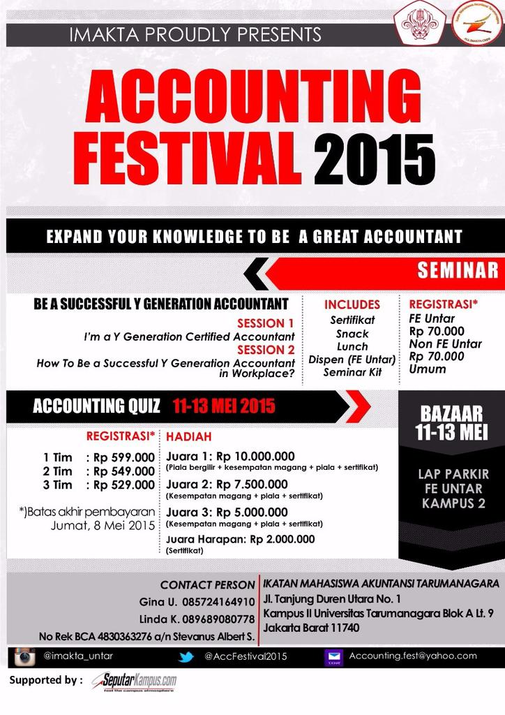 seputarkampus's tweet photo. 11-13/5 IMAKTA @UntarJakarta proudly present Accounting Festival 2015 | Info: @AccFestival2015 http://t.co/jSJQ5GsadP