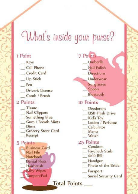 Floral Bridal Game, What's In Your Purse, Funny Party Game