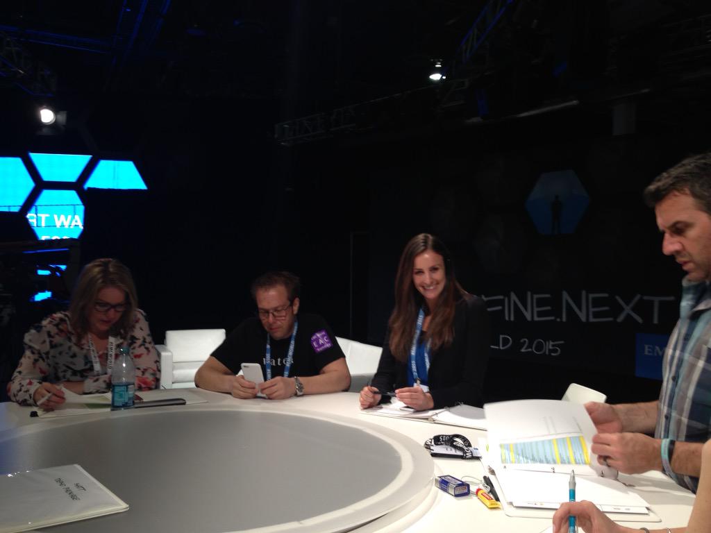 MaggieEMCTV's tweet photo. @emctv anchor/ reporter prep with @eacorrenti @scottdelandy @FavierAoife @jrbnyc @cassiewalsh @jon_siegal #EMCWorld http://t.co/xj8BHjKFRy