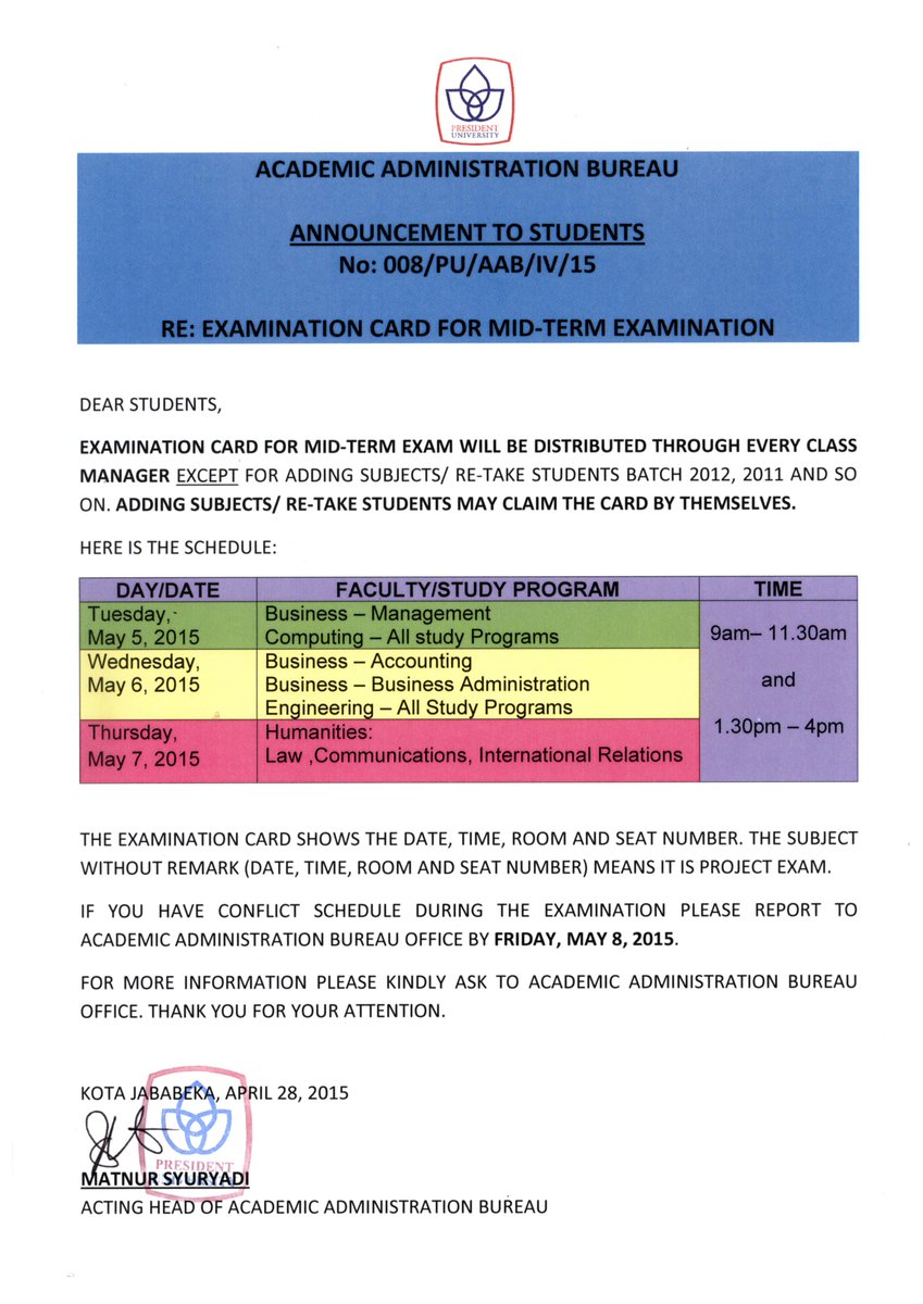 AABPresUniv's tweet photo. Distribution schedule of Mid-Term exam. Be there class managers :) @PUMA_BA @acc_presuniv @IEPresUniv @EE_PresUniv http://t.co/fs5n0MZp20