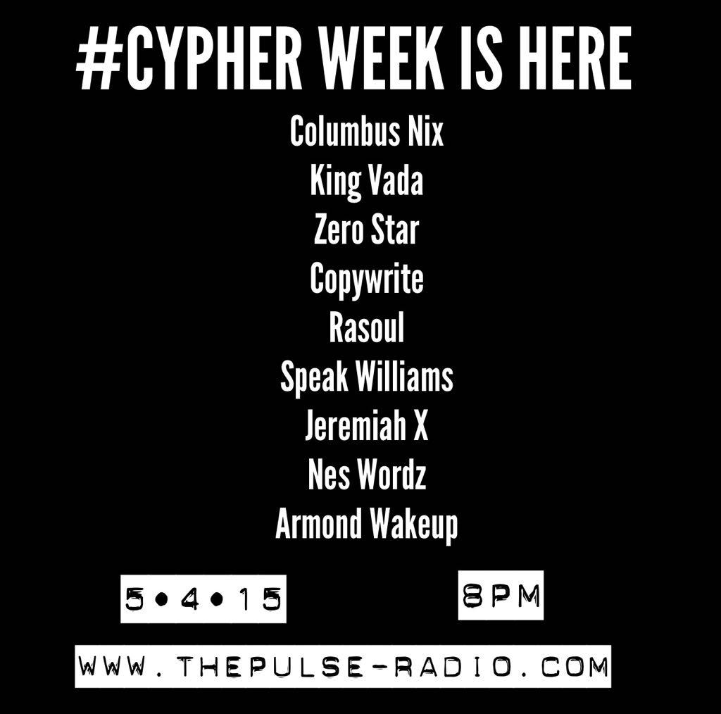 djosharp's tweet photo. #CYPHERWEEK 5•4•15 #pulsetpc @armondwakeup @KingVada @SpeakWilliams @COPYWRITE @NesWordz @Zerostar82 8pm LIVE http://t.co/uPAOz1r0mE