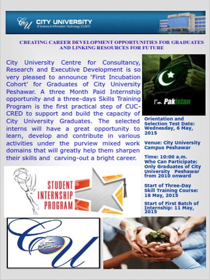 cupeshawar's tweet photo. Internship/training opportunities from City University, Peshawar for recent CUSIT's graduates. Orientation on 6th May http://t.co/uZIWsype2j