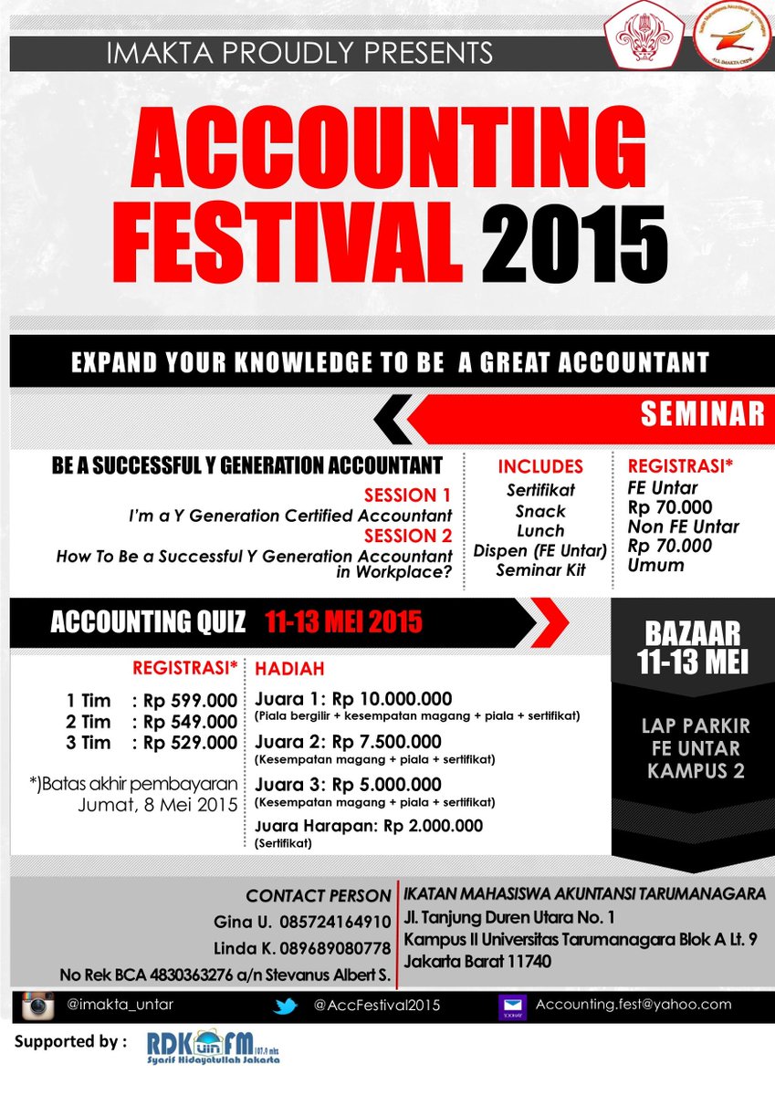 RDKFM's tweet photo. @AccFestival2015 ,present Accounting Festival 2015 di Kampus 2 UNTAR tgl 11-13 Mei 2015 http://t.co/hK60H1NtVV