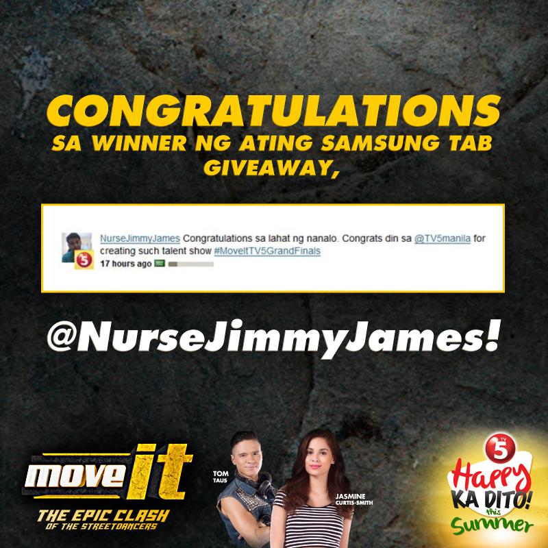 TV5manila's tweet photo. Congratulations @NurseJimmyJames for winning! Please check your Twitter Inbox for details! #MoveItTV5 #HAPPYsaSummer http://t.co/EAnsNbLEwD