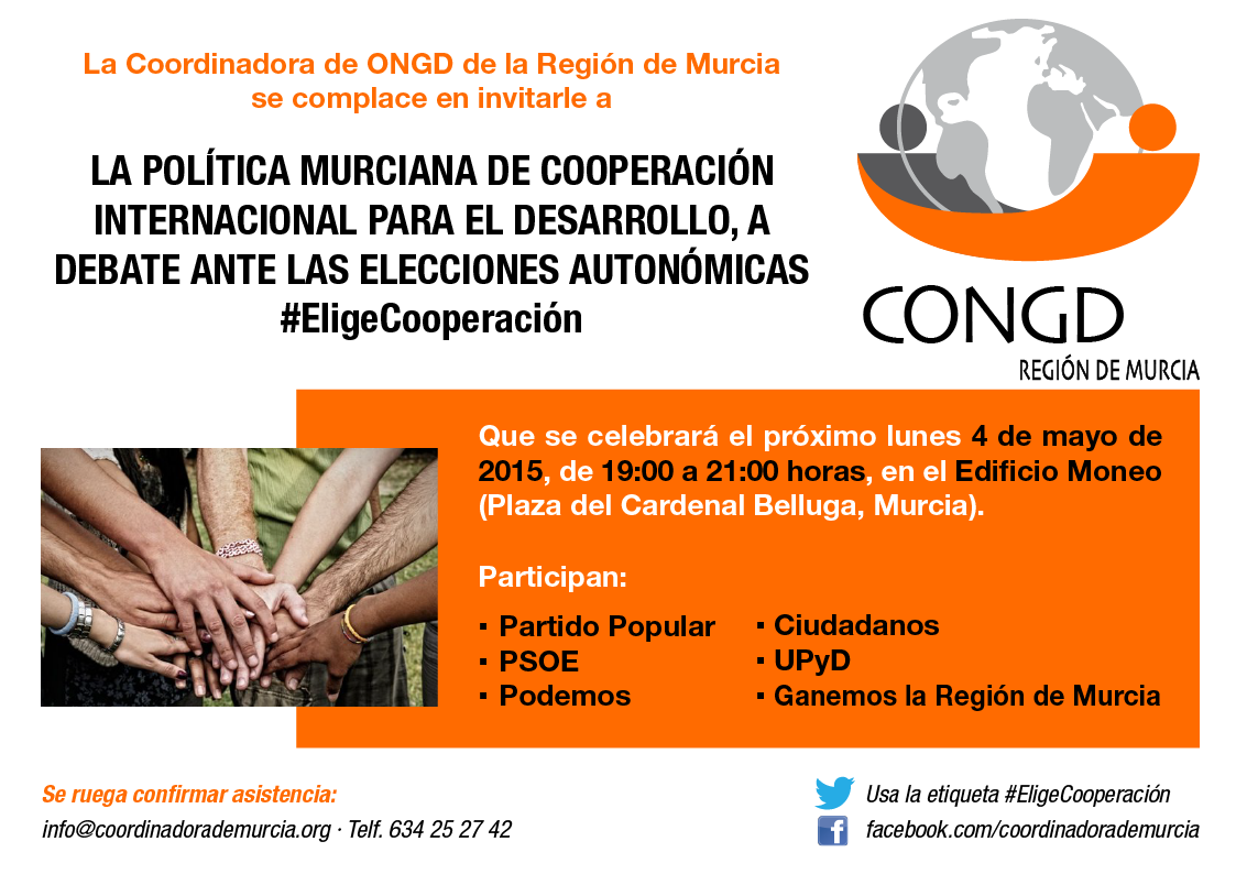 CONGDRMurcia's tweet photo. Esta tarde a las 19:00h en el Moneo de #Murcia. Debate Electoral sobre Cooperación al Desarrollo. #EligeCooperación http://t.co/OI2IVdchDE