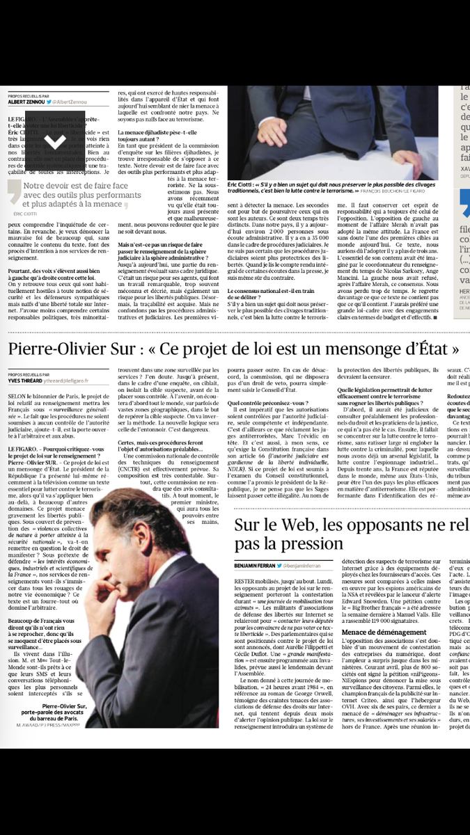 benjaminferran's tweet photo. Le bâtonnier de Paris parle du #PJLRenseignement comme d’un “mensonge d’État” dans @Le_Figaro ce matin. http://t.co/j1WNTM9Lv7