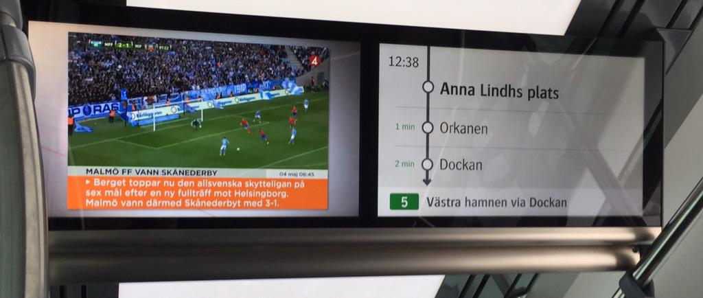 På Malmö Expressen. Nytt sätt åka buss på. Går var 5 minut. Påstigning alla dörrar och ombord kan vi se fin fotboll😀!