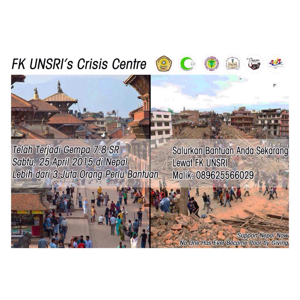 Yok bantu saudara kita di Nepal @amsaunsri <a href="/TBMSriwijaya/">TBM Sriwijaya</a> @BPPMfkunsri <a href="/FKIAFKUnsri/">FKIA FK Unsri</a> <a href="/medifka/">Medifka Unsri</a> <a href="/bemfkunsri/">BEM KM FK UNSRI</a> @BEM_KMUnsri