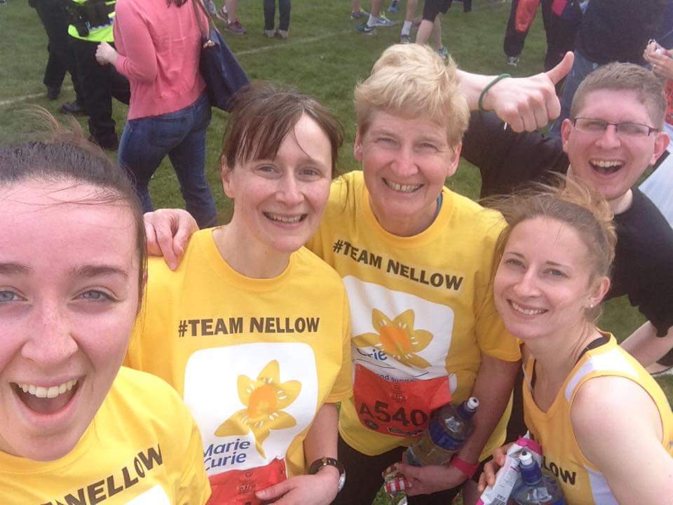 Annelud's tweet photo. Belfast Marathon Relay #TeamNellow all done for 2015 - brill effort everyone raising money for @MarieCurieNI £485. http://t.co/k8nIgrwNCI
