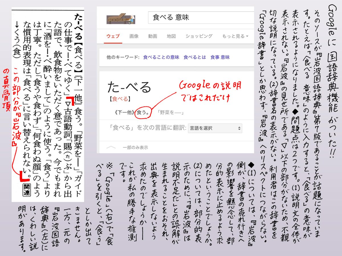 飯間浩明 Googleに国語辞典機能がつきました そのソースが 岩波国語辞典 第7版であることが話題になっています 私の感想を書きました 結論としては Googleの辞書機能だけで満足せず 岩波国語辞典 を買いましょう ということです Http T Co