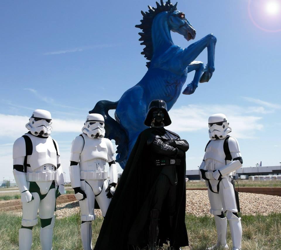 lsdngr's tweet photo. 2 of my favorite things in life... The ridiculous blue horse at DIA &amp; Vader with his boys. Yes! #StarWarsDay http://t.co/WHMchnT56Y