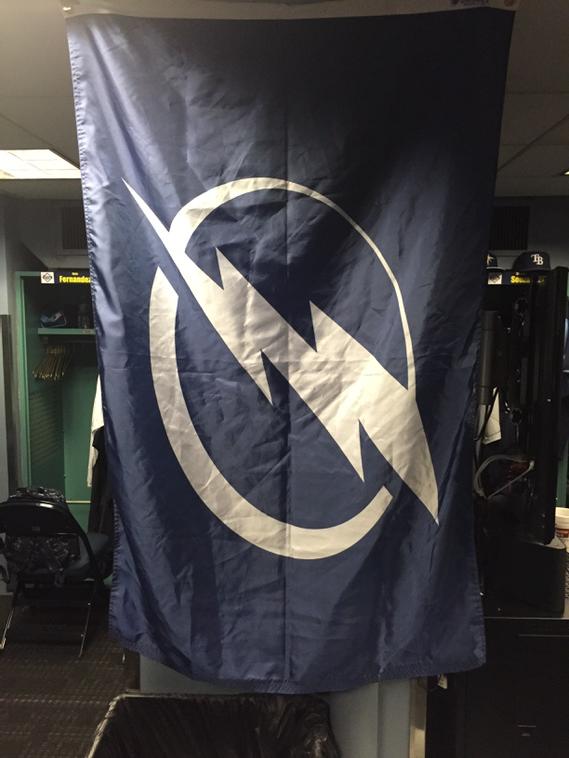 #Rays bring their support for #TBLightning on the road, flag hanging in Fenway Park clubhouse