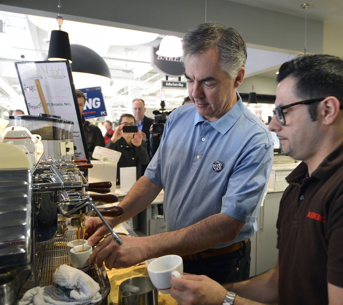JimPrentice's tweet photo. With @SteveYoung4MLA &amp; @katherineoneill at the Italian Centre, tried my hand at making espresso #abvote #yeg http://t.co/mJS9ImBm4Q