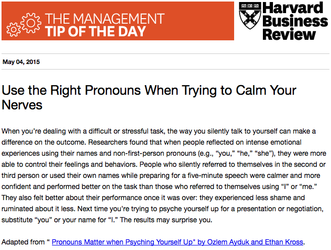 HarvardBiz's tweet photo. Today's management tip: how to talk to yourself when preparing for a presentation or event http://t.co/09OARIf3Lm
