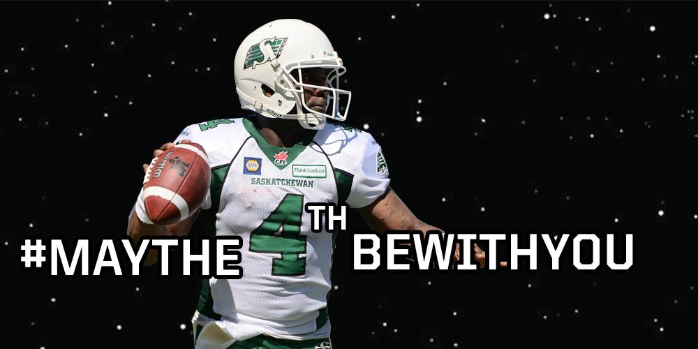 CFL's tweet photo. RT, follow &amp; use the force by tonight for a chance to win an official Darian Durant jersey! #CFL #MayThe4thBeWithYou http://t.co/8AmH4yt090