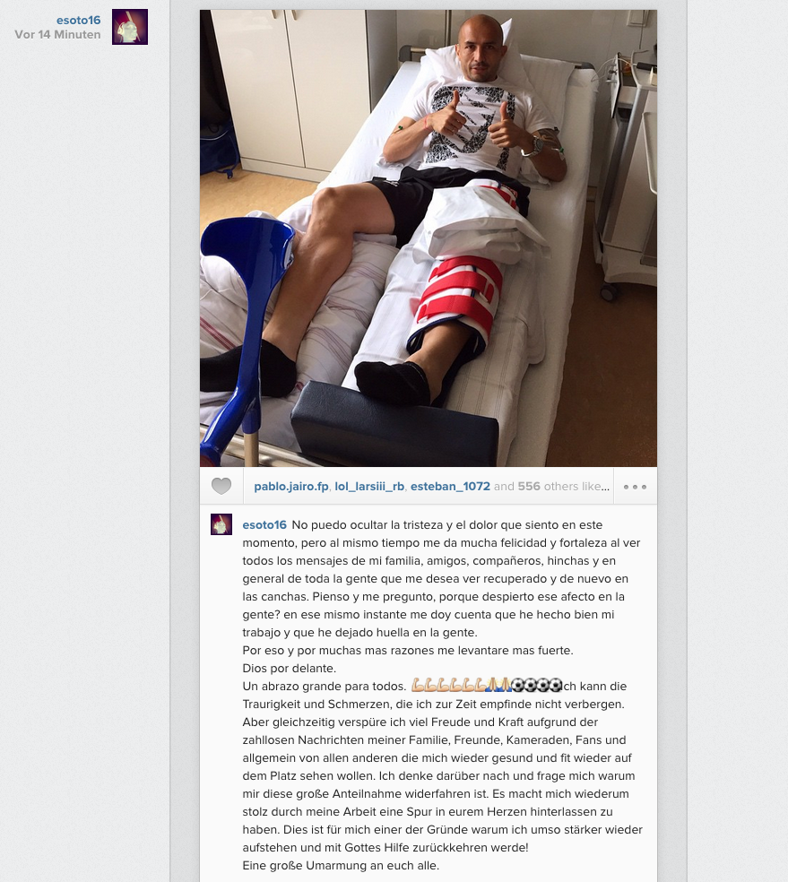 BILD_mainz05's tweet photo. Elkin #Soto grüßt aus dem Krankenhaus: "Ich werde umso stärker wieder aufstehen und zurückkehren!" http://t.co/tOoavbQuGA