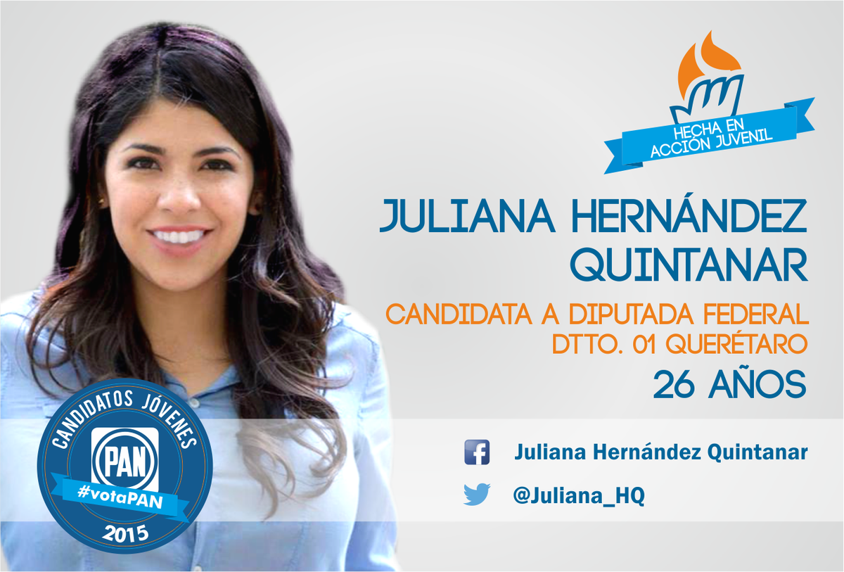 AccionJuvenil's tweet photo. #Conoce a Juliana Hernández, candidata a Diputada Federal por el distrito 01 en Querétaro. #HechaEnAcciónJuvenil http://t.co/bNxN5e9naY