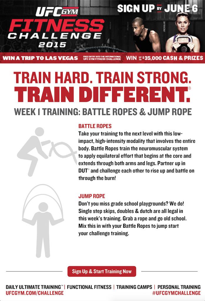 UFCGYM's tweet photo. Here's your first training exercise to get you #UFCGYMChallenge ready: Battle Ropes & Jump Rope. #TrainDifferent. http://t.co/xsw7fxWOYg