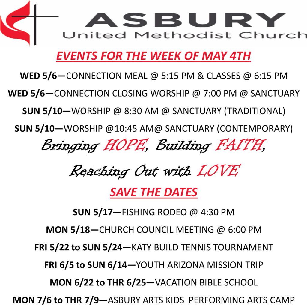 Hope to see you at Asbury this week for Connection and Worship! #faithhopelove