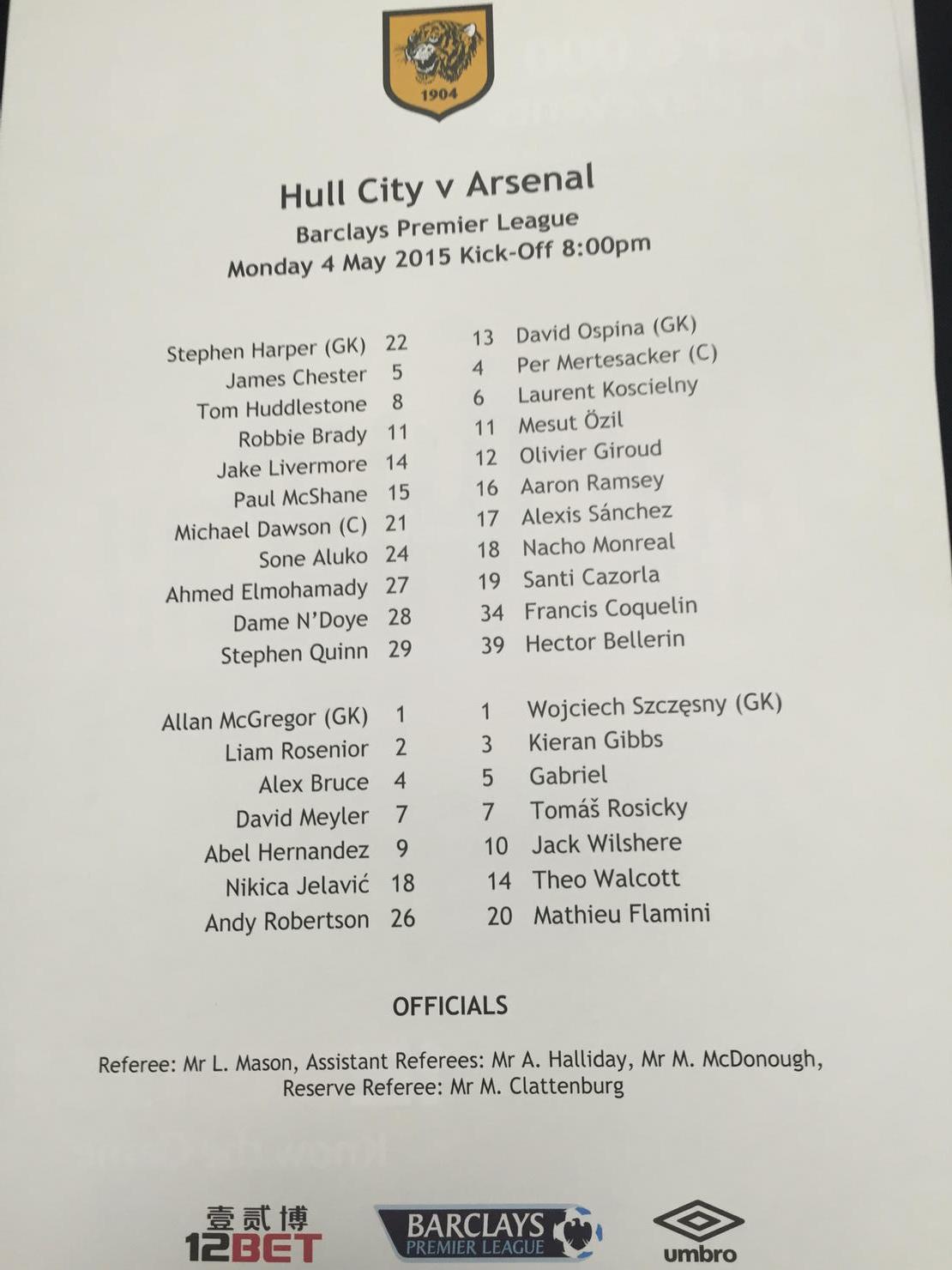 Hull City Vs Arsenal CELjFghW8AEIq34