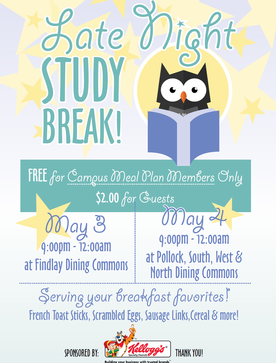 PennStateDining's tweet photo. Stop into Pollock, West, North, or South tonight for Late Night Study Break sponsored by @KelloggsUS from 9PM -12AM! http://t.co/EDXCg5SFIT