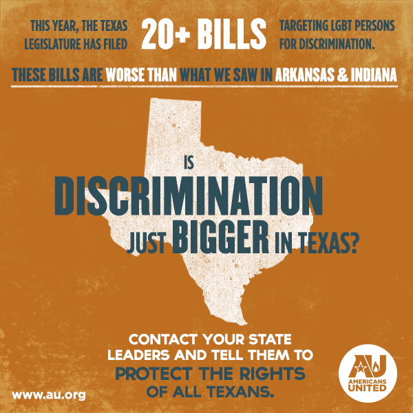 americansunited's tweet photo. Texas! Tell your Rep. to vote NO on anti-LGBT "religious freedom" bills. http://t.co/aDIBFDVRb7 #MarriageBacklash http://t.co/Xm3FertY4q