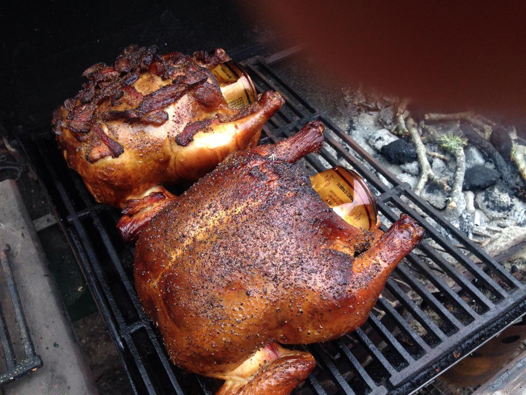 Our dueling chickens. Beer bratwurst sausage, stuffed under the skin. Pork belly stuffed under the skin and on top