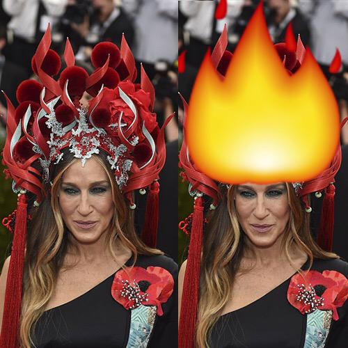 funnyordie's tweet image. Sarah Jessica Parker wore the fire emoji to the #MetGala. 🔥🔥🔥
