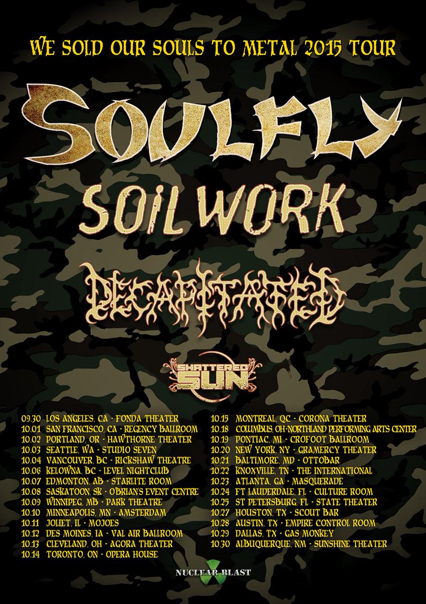 .<a href="/TheSoulflyTribe/">Soulfly</a> announces Headlining Tour w/ <a href="/Soilwork/">Soilwork</a>, <a href="/decapitated/">Decapitated</a>, <a href="/Shatteredsun/">Shattered Sun</a>! Dates: bit.ly/soulfly-on-tour