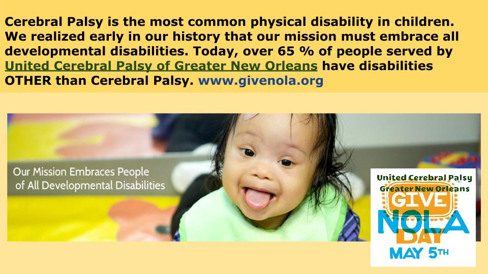 UCPGNO's tweet photo. @CharlesWDSU Please give United Cerebral Palsy GNO a shout out tomorrow for #GiveNOLA Day. First year participating, http://t.co/klnMO8XtJQ