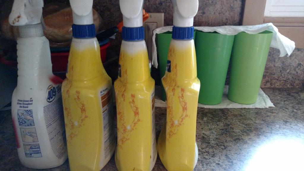 SallyMoore1234's tweet image. My hubby's 'area' on the counter. 3 green glasses (only his &amp;amp; his) 4 bottles of #KitchenCleaners #NotObsessive LOL