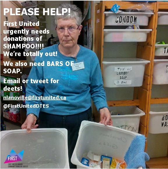 FirstUnitedDTES's tweet photo. Vancouver Tweeps can you help? We are out of shampoo &amp; ultra-low on soap for our hygiene program. Pls RT, share! ^NAT http://t.co/BvPrI9IR00