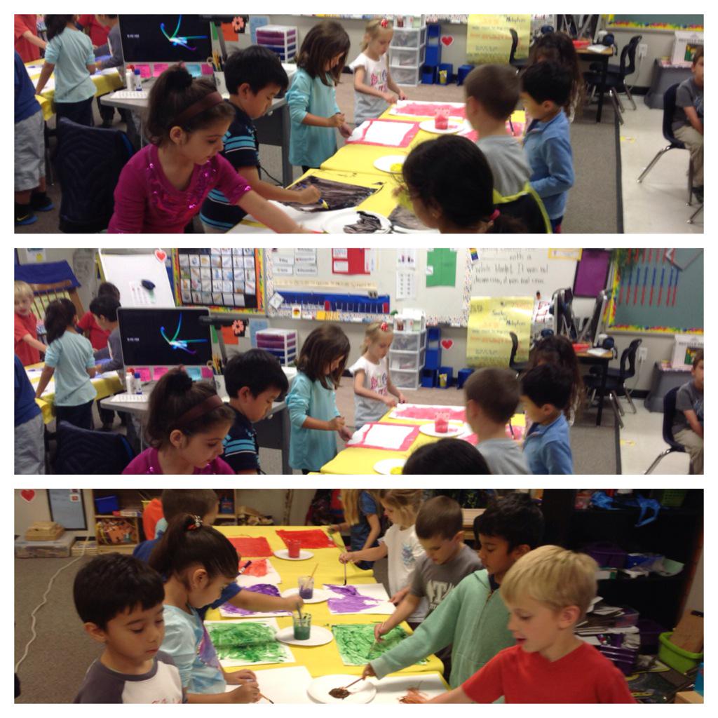 CostasClass's tweet photo. Working on painting like Eric Carle #rpe #kindergartenart http://t.co/sMzTyklN7k